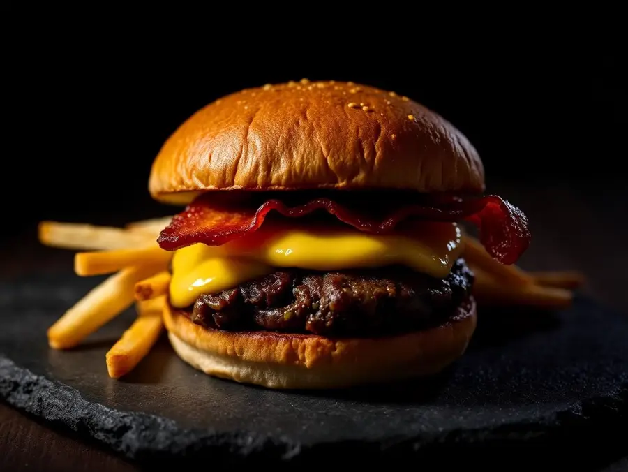 Bacon cheeseburger with fries